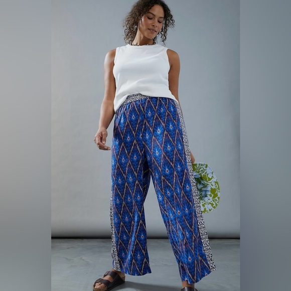 Anthropologie Vale Blue Aztec Geometric Wide Leg Pull On Pant Size Extra Large - Picture 2 of 13